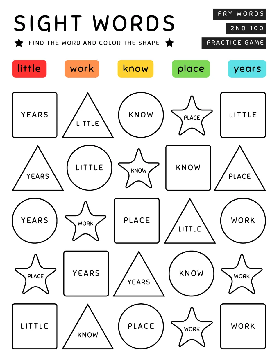 Sight words little, work, know, place, years: students locate each word in the shapes and color by the matching key