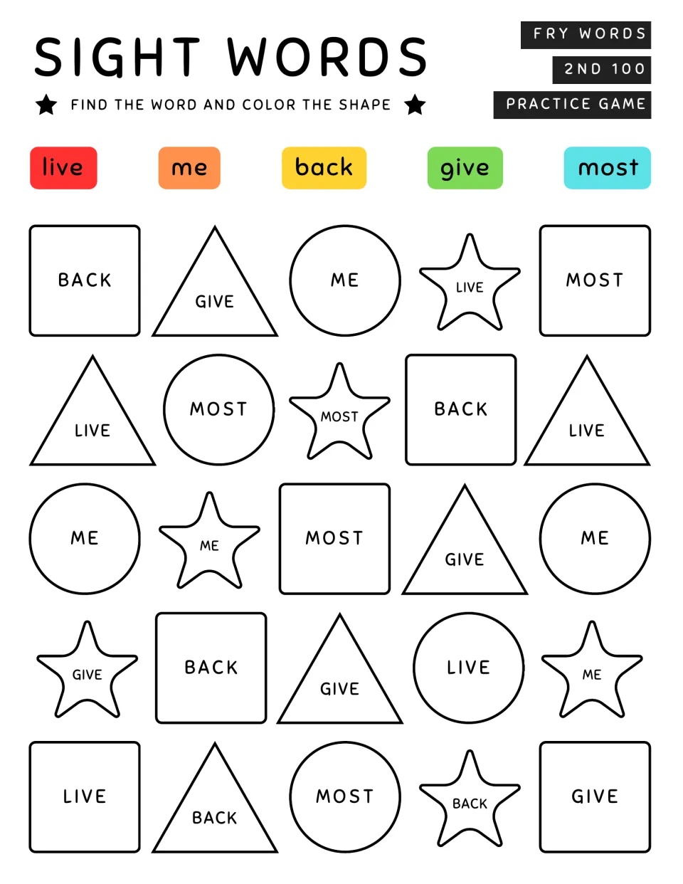 Fry words live, me, back, give, most: students read the word in each shape and color it to match the color key