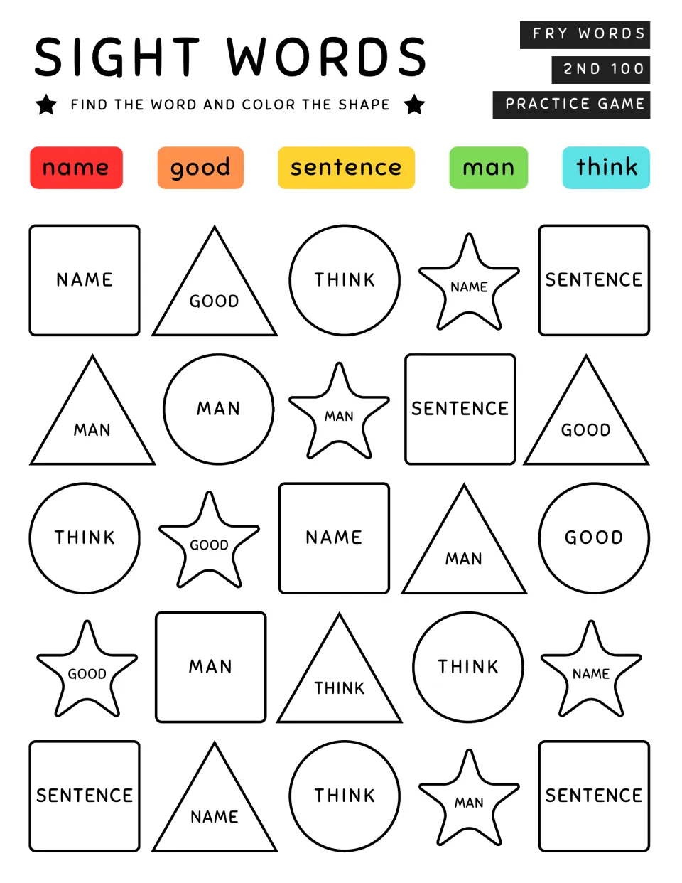 Fry words name, good, sentence, man, think: students spot each word in the shapes and color it using the key