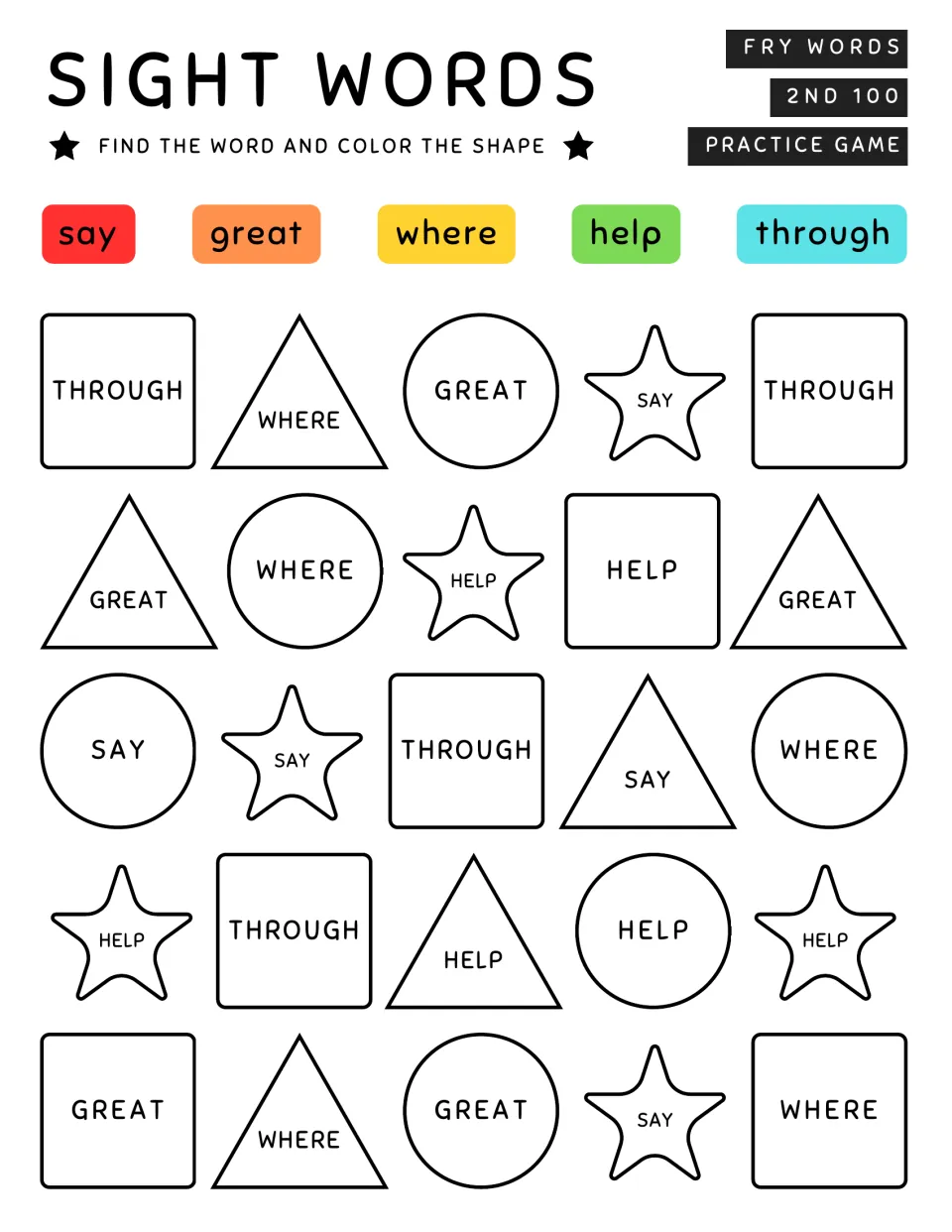 Sight words say, great, where, help, through: students find each word in the shapes and color it to match its key