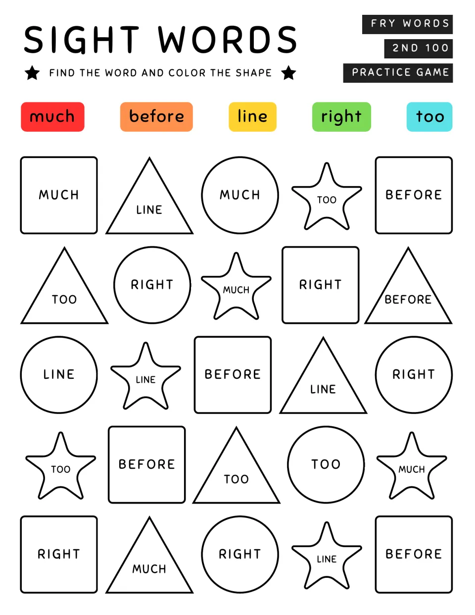 Fry words much, before, line, right, too: students read each shape's word and color it the color shown in the key