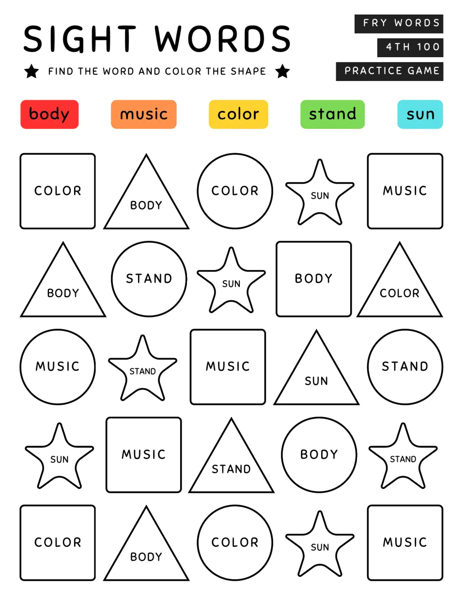 Fry sight words body, music, color, stand, sun: students find each word in the shapes and color it to match its key