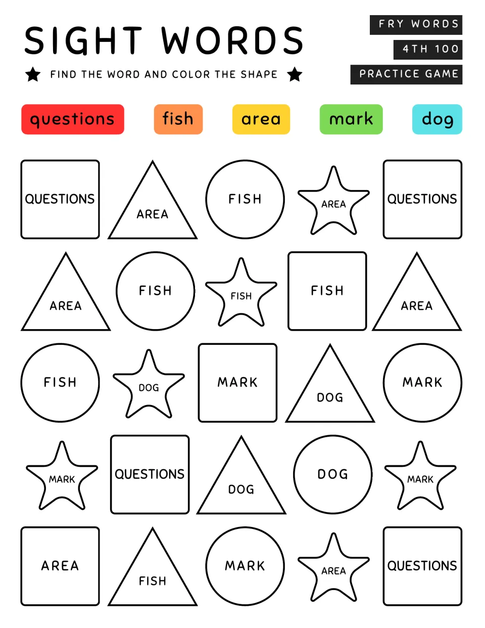 Sight word color-by-word for questions, fish, area, mark, dog: students color each shape to match its word's key color