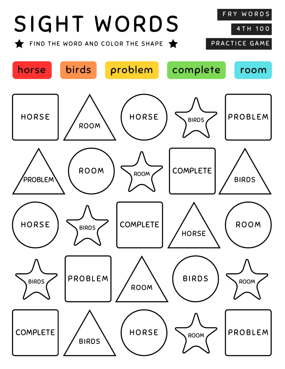 Fry words horse, birds, problem, complete, room: students spot each word in the shapes and color it to match the key