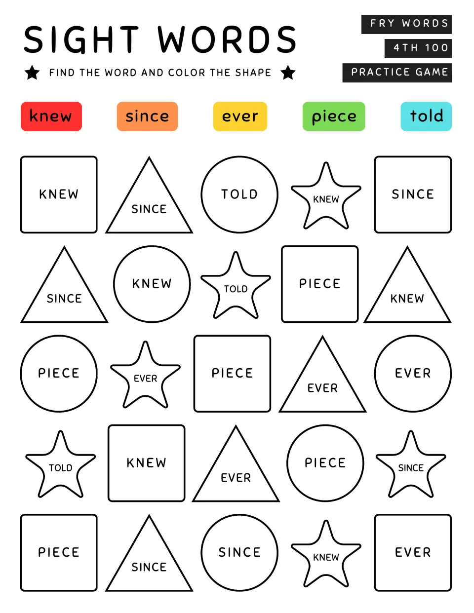 Sight words knew, since, ever, piece, told: students read each shape's word and color it red, orange, yellow, green or blue