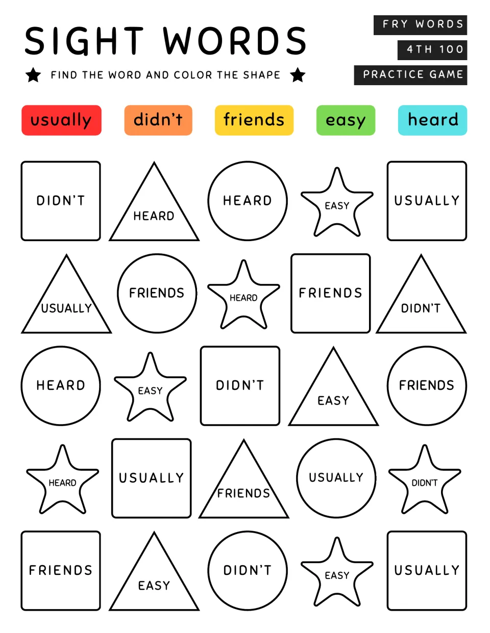 Color-by-sight-word for usually, didn't, friends, easy, heard: students match each shape's word to the key and color it