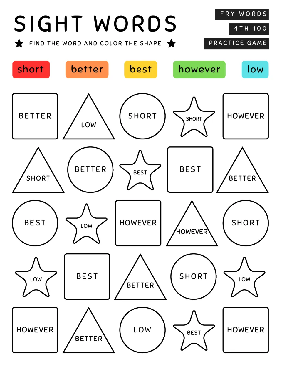 Fry words short, better, best, however, low: students locate each word in the shapes and color it to match the word key