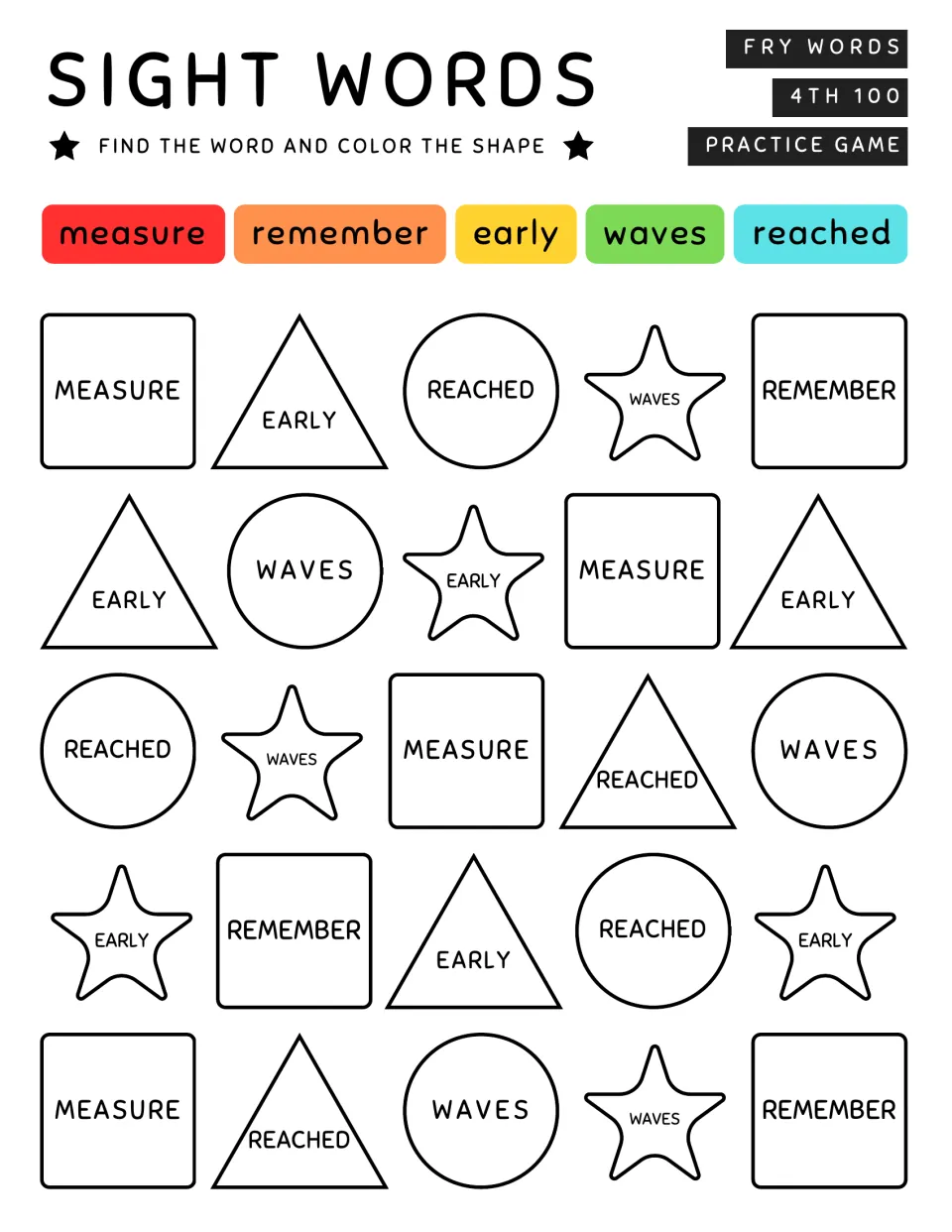 Sight words measure, remember, early, waves, reached: students find each word in the shapes and color by the five-color key