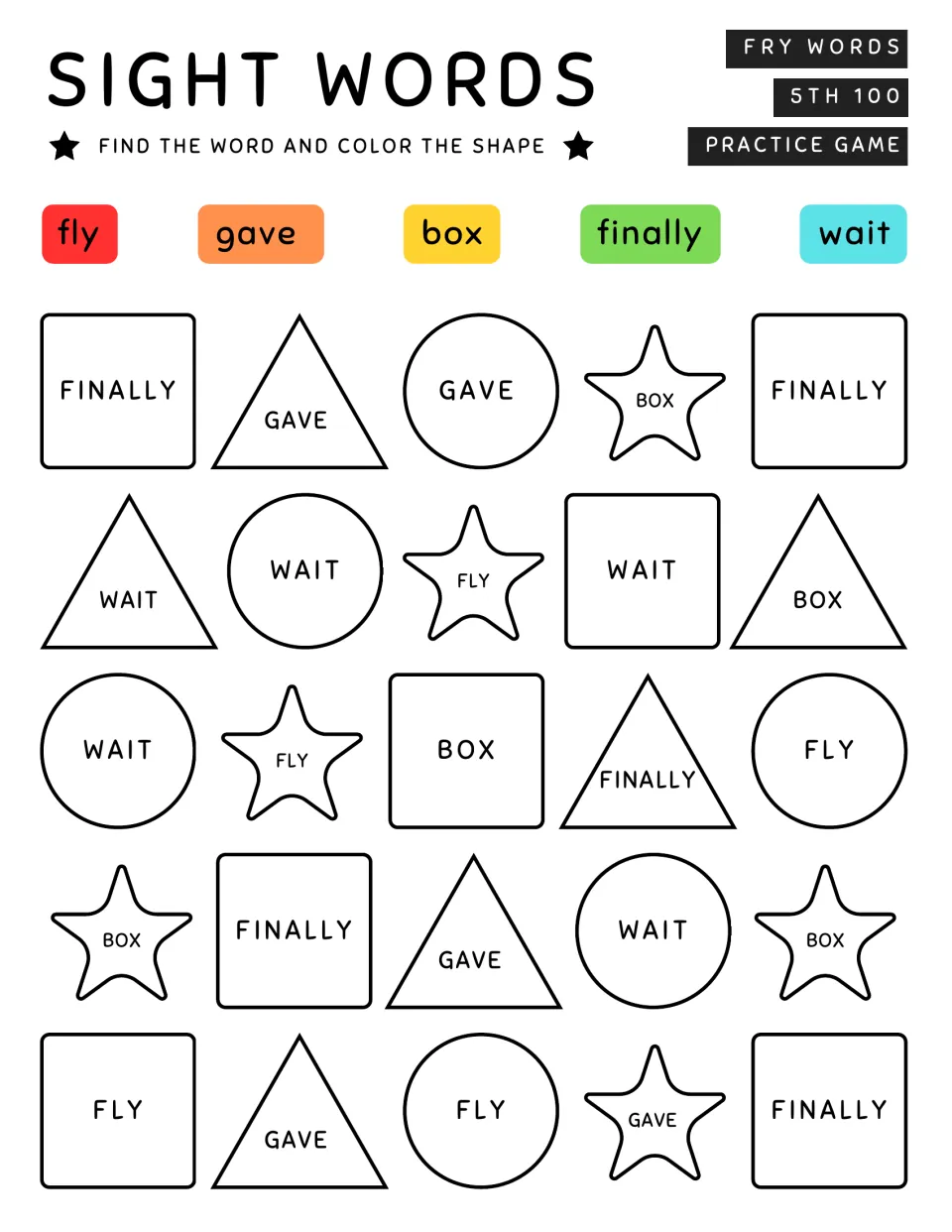 Sight-word coloring activity 2: find and color fly, gave, box, finally, and wait among 25 word-filled shapes.