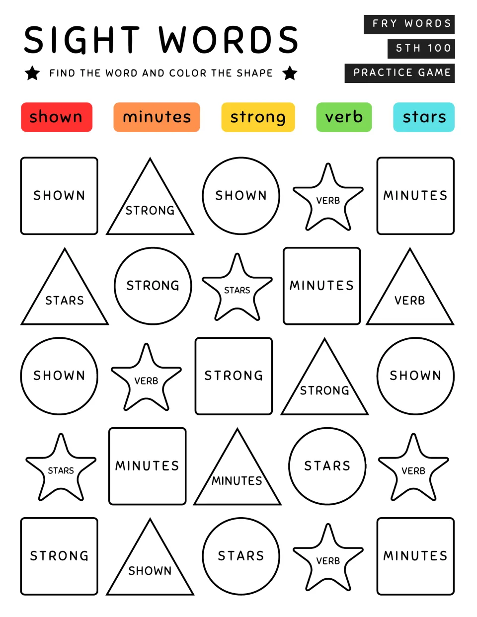 Sight-word coloring activity 4: find shown, minutes, strong, verb, and stars in 25 shapes and color them.