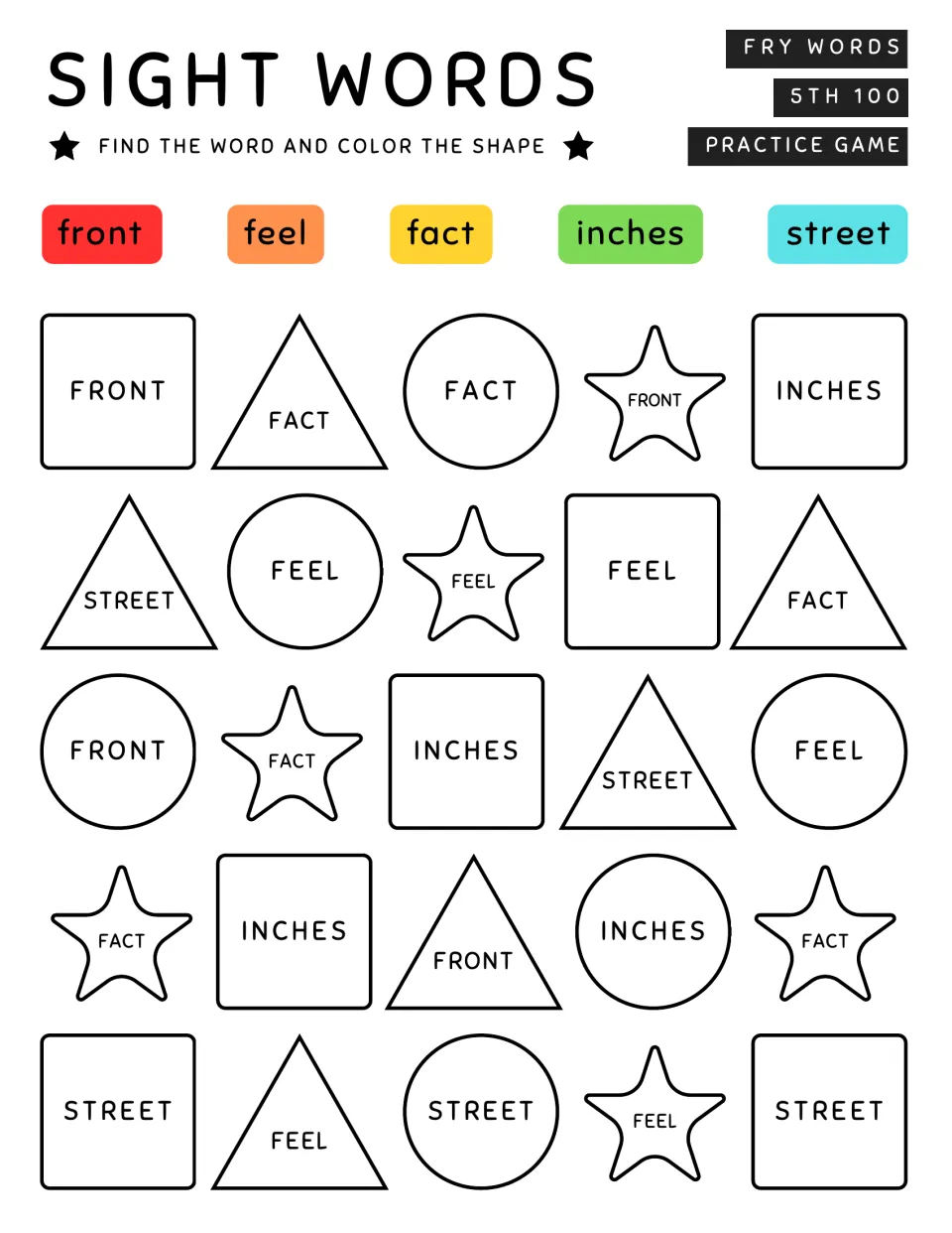 Sight-word coloring activity 5: find front, feel, fact, inches, and street in 25 shapes and color them.