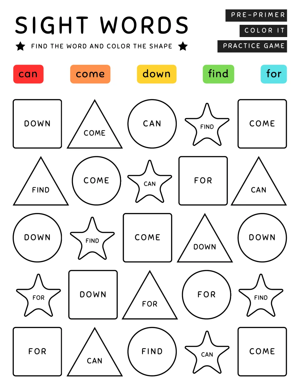 Sight word coloring practice page 2: match can, come, down, find, and for to the color key in 25 shapes.