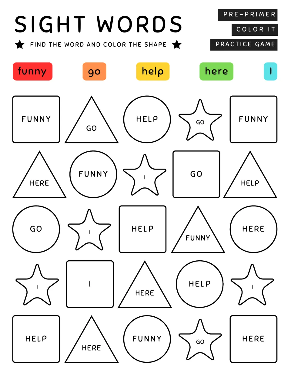 Sight word coloring practice page 3: match funny, go, help, here, and I to the color key in 25 shapes.