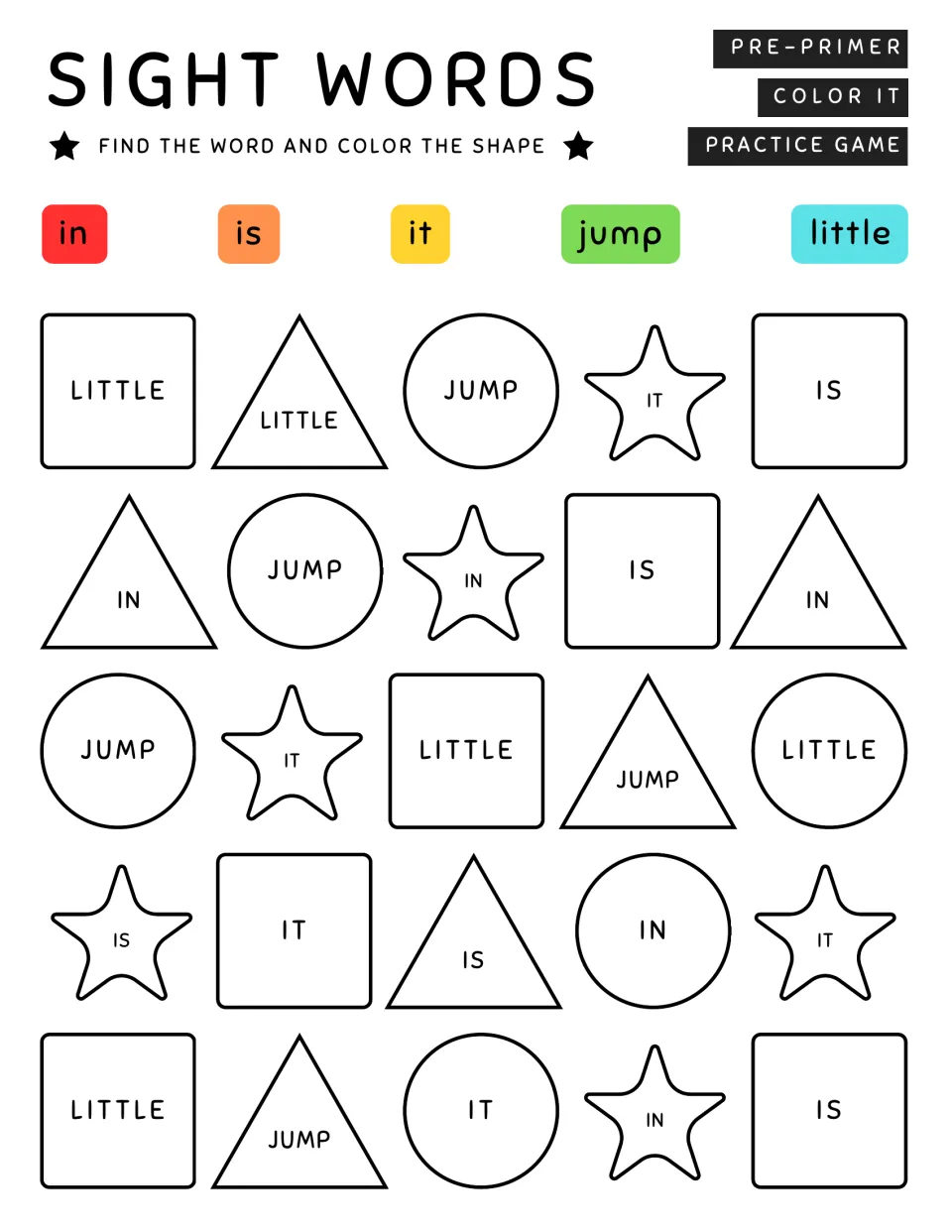 Sight word coloring practice page 4: match in, is, it, jump, and little to the color key in 25 shapes.