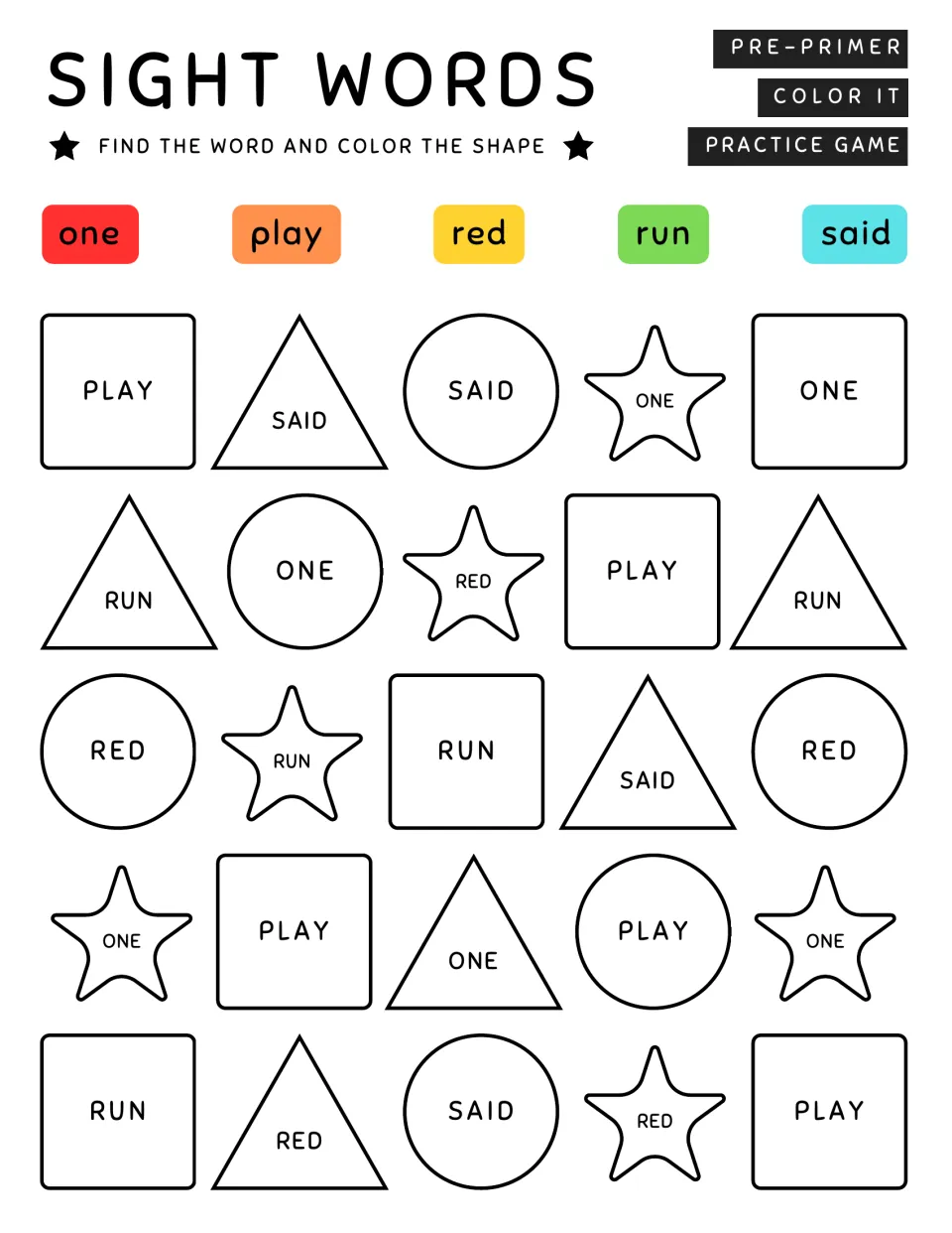 Sight word coloring practice page 6: match one, play, red, run, and said to the color key in 25 shapes.