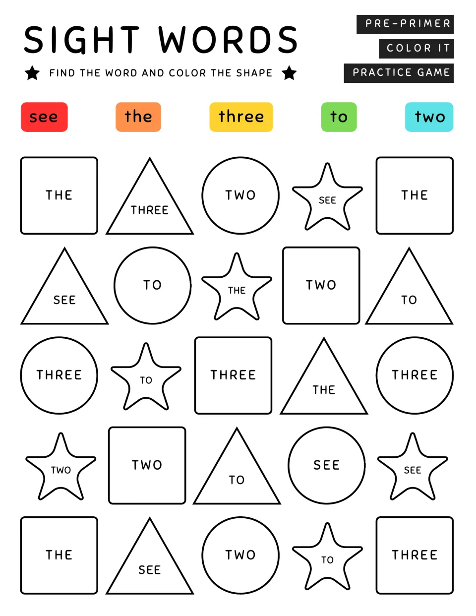 Sight word coloring practice page 7: match see, the, three, to, and two to the color key in 25 shapes.