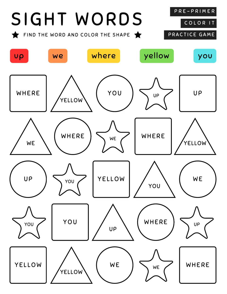 Sight word coloring practice page 8: match up, we, where, yellow, and you to the color key in 25 shapes.