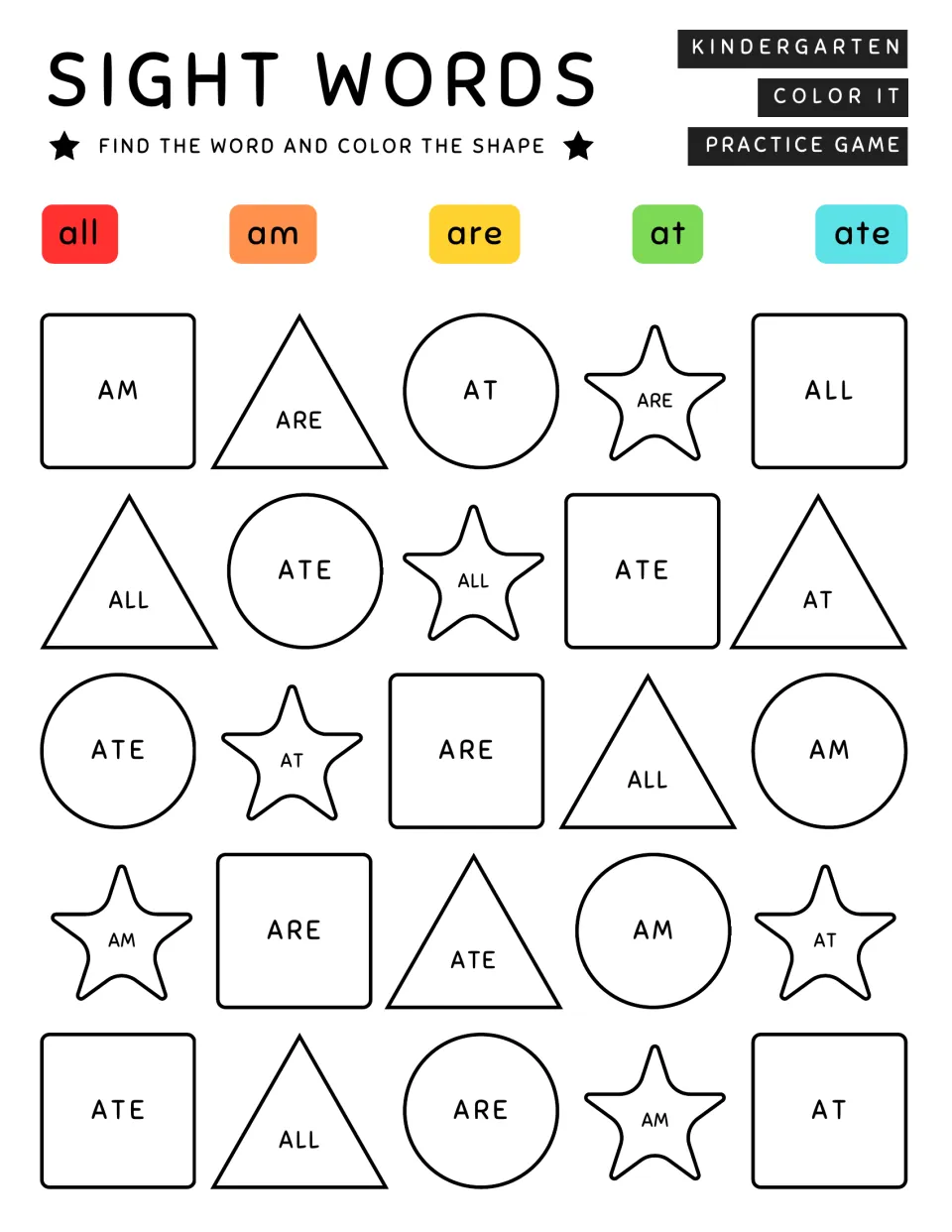 Kindergarten sight word coloring practice: all, am, are, at, and ate; find and color 25 shapes.
