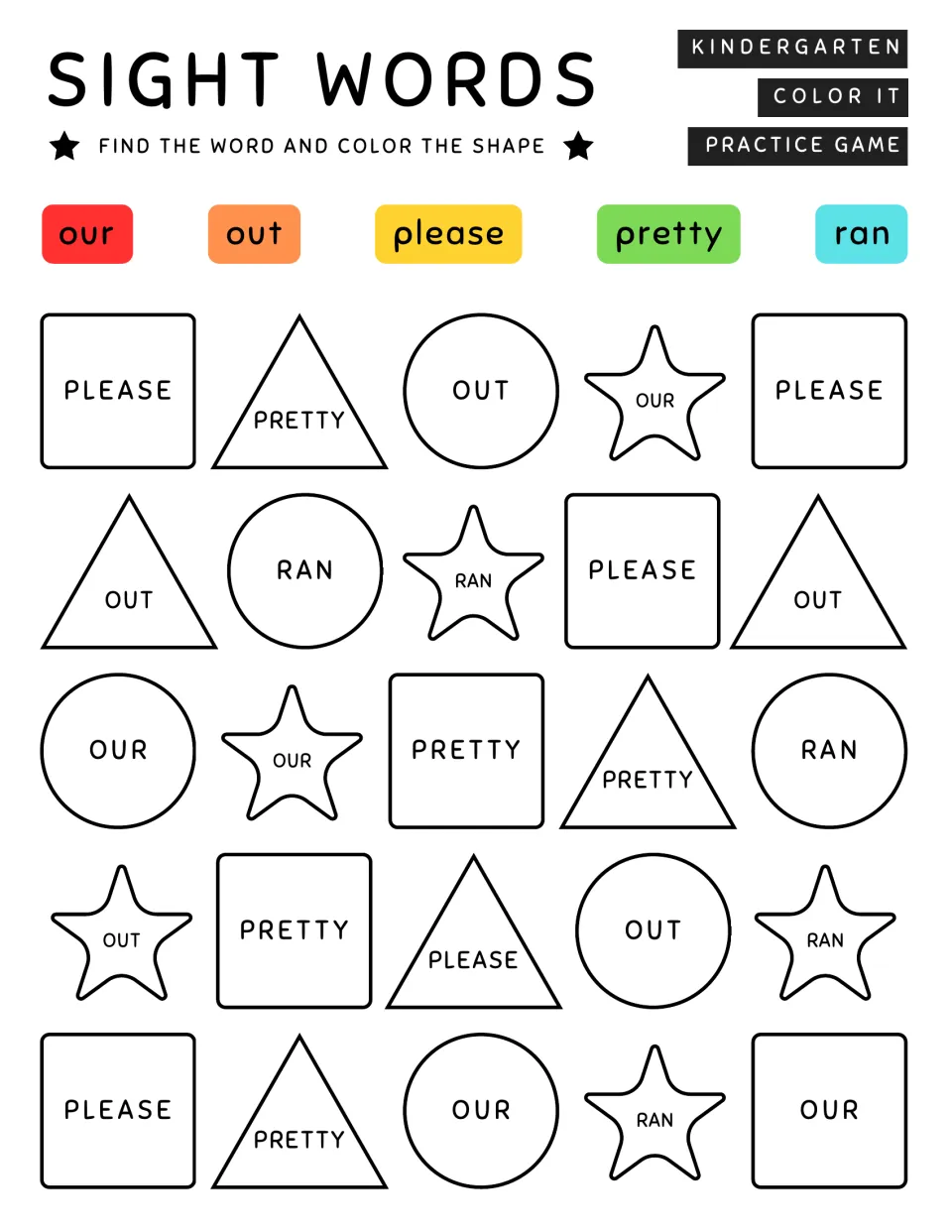Kindergarten sight word coloring practice: our, out, please, pretty, and ran; find and color 25 shapes.