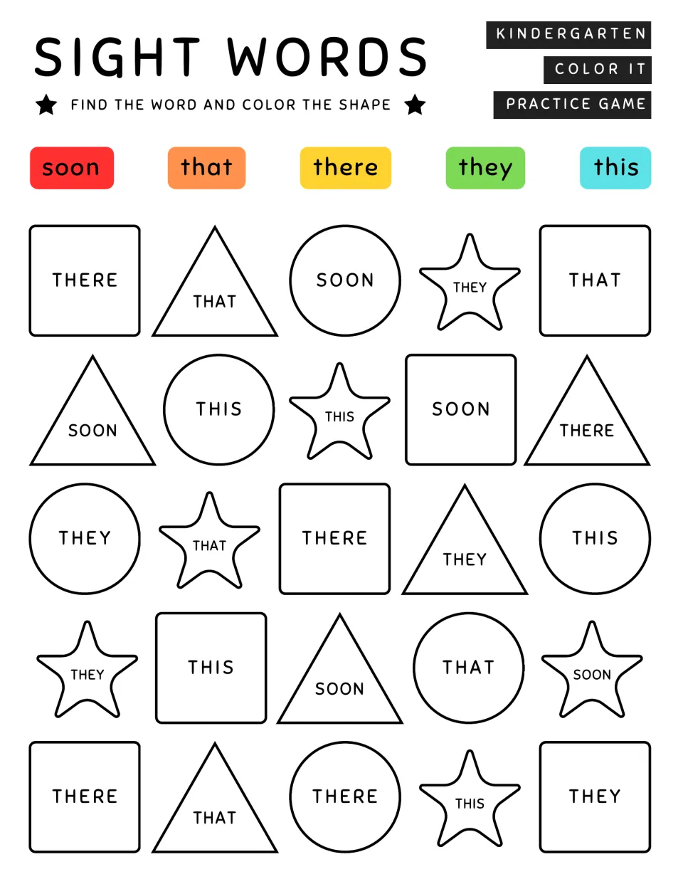 Kindergarten sight word coloring practice: soon, that, there, they, and this; find and color 25 shapes.