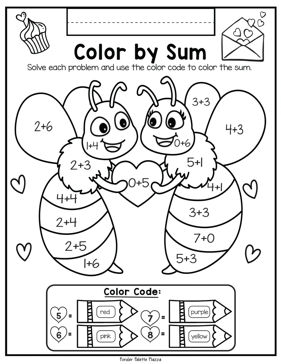 Addition coloring of two bees hugging a heart: students solve sums to 8 and color 5 red, 6 pink, 7 purple, 8 yellow