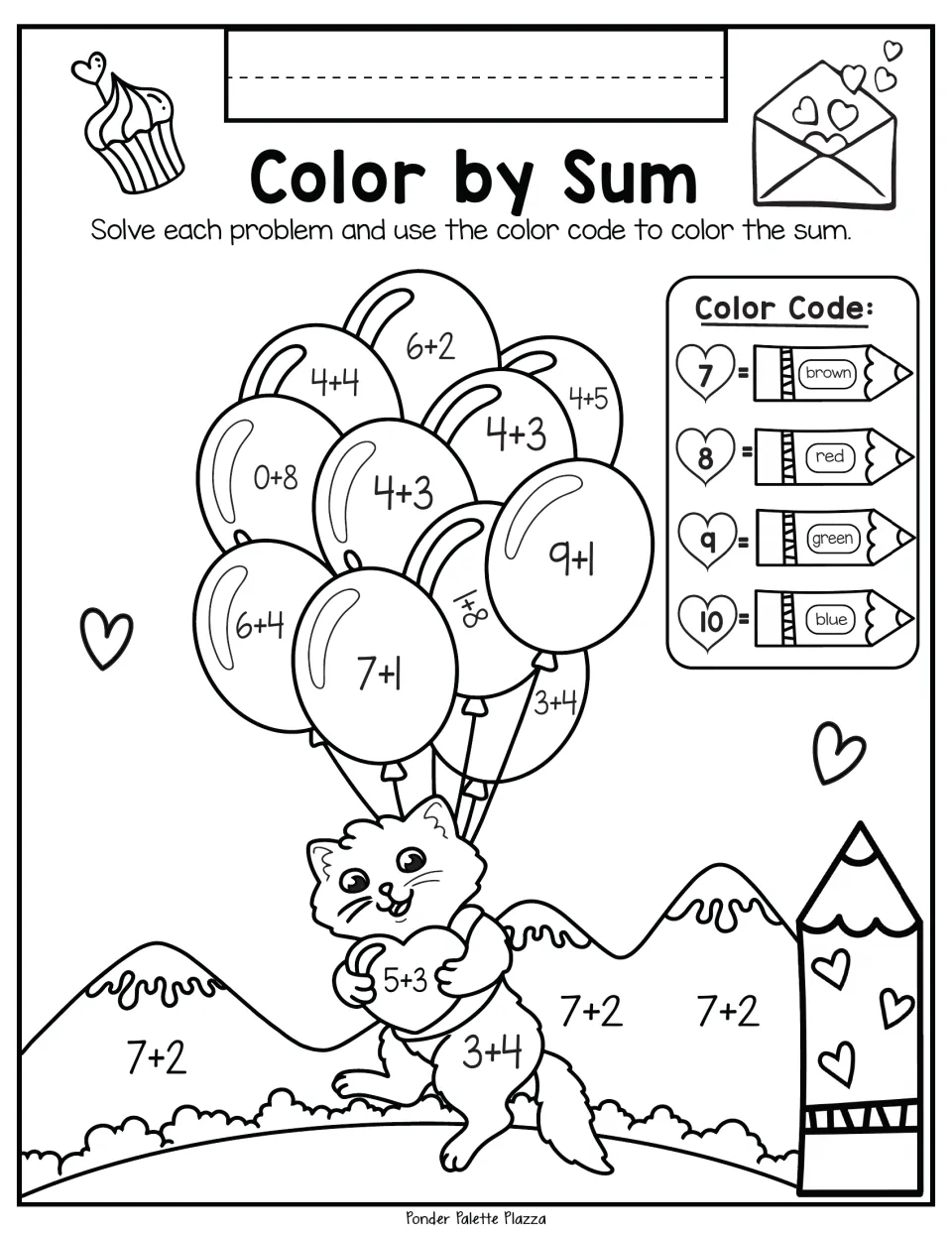 Addition coloring of a cat holding a heart and balloons: students solve sums and color 7 brown, 8 red, 9 green, 10 blue