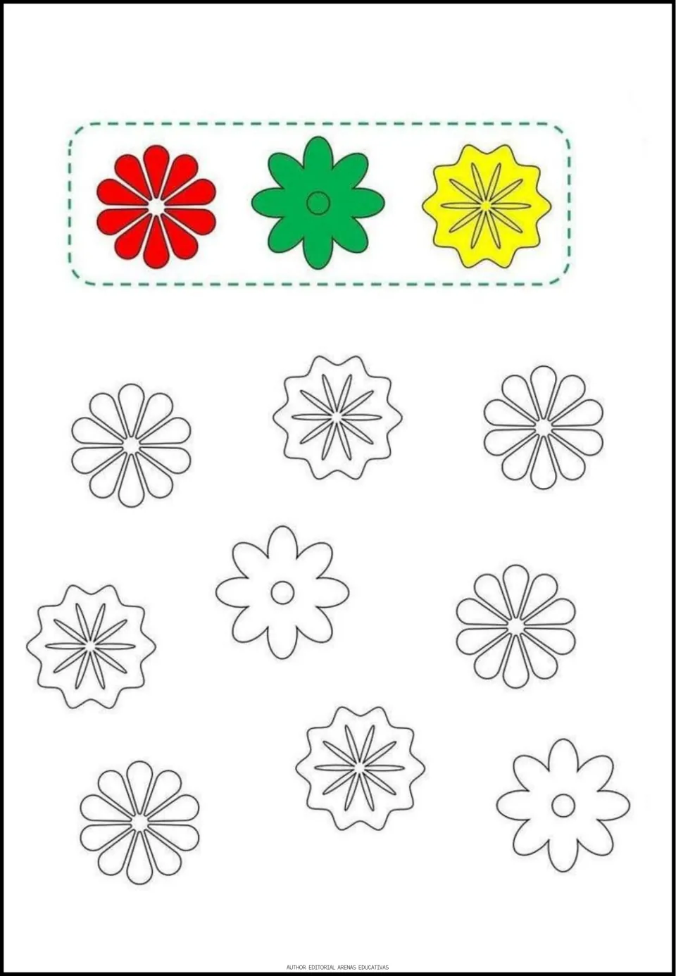 Flower coloring exercise: three red, green, and yellow flower models guide coloring nine matching outlines