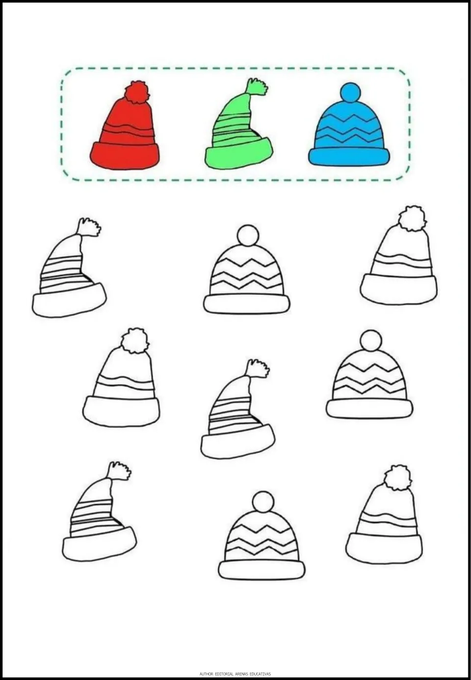 Winter hat coloring exercise: red, green, and blue hat models guide coloring nine matching hat outlines