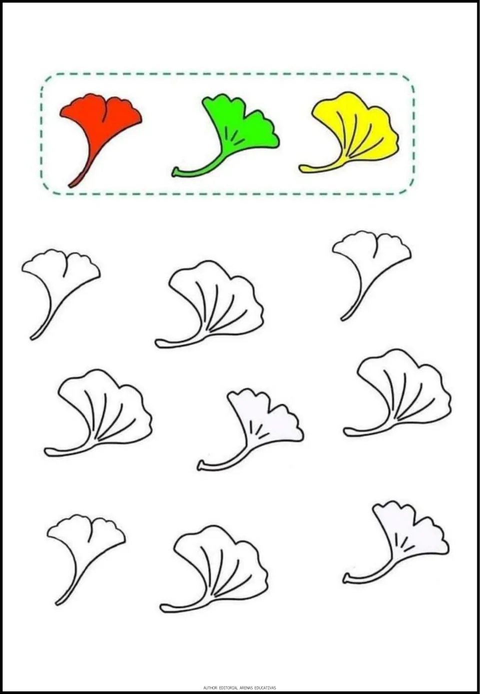 Leaf coloring exercise: three orange, green, and yellow leaf models guide coloring nine matching outlines