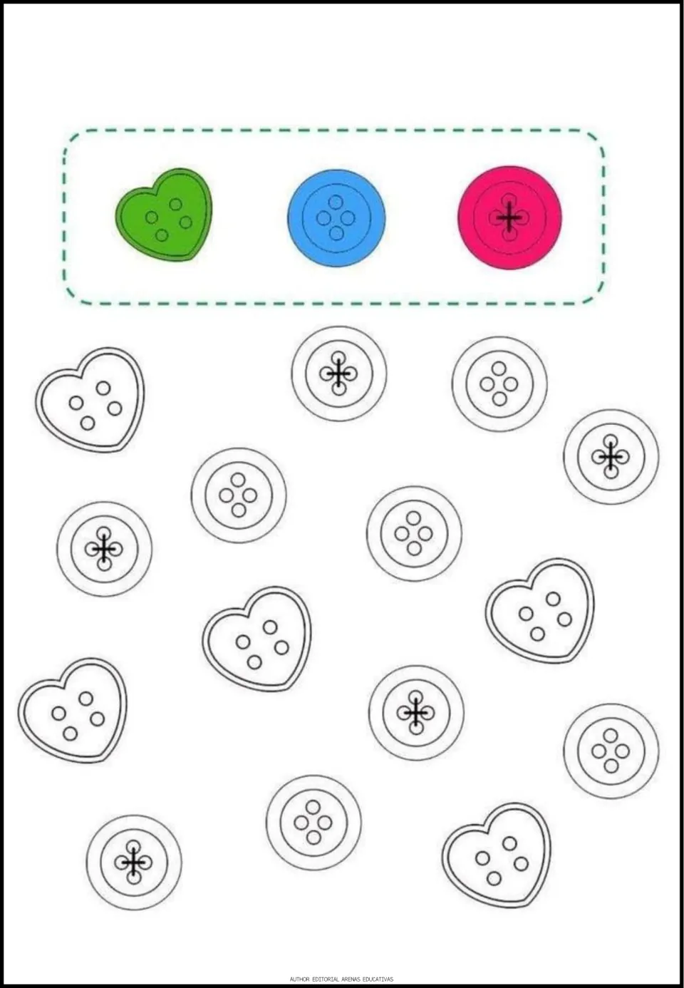 Button coloring exercise: green heart, blue round, and pink threaded models guide coloring 15 outlines