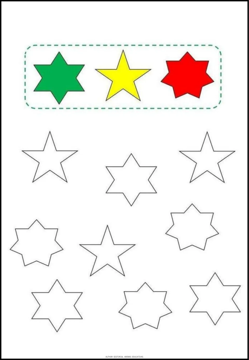 Star coloring exercise: green six-point, yellow five-point, and red seven-point models for nine outlines