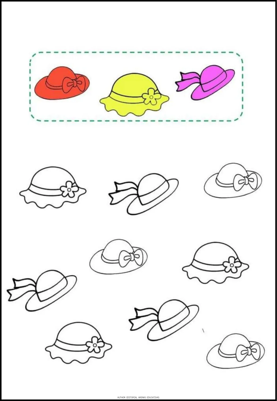 Dress hat coloring exercise: red bow, yellow flower, and purple ribbon hat models for nine matching outlines