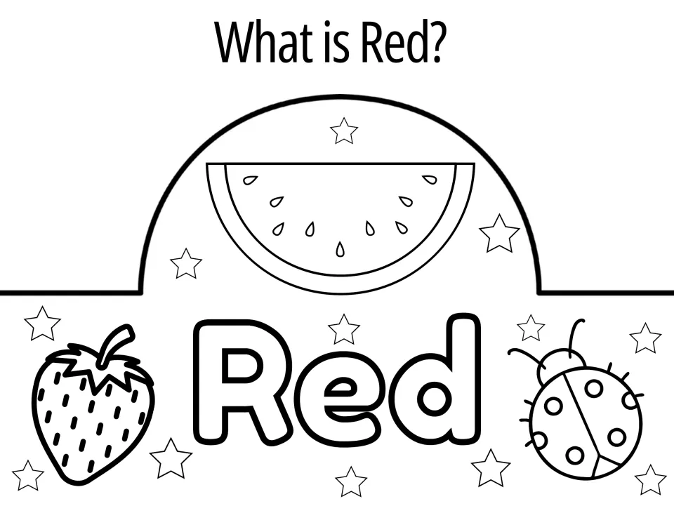 What is Red? crown to color: a watermelon, strawberry, ladybug and the bubble word Red for naming the color