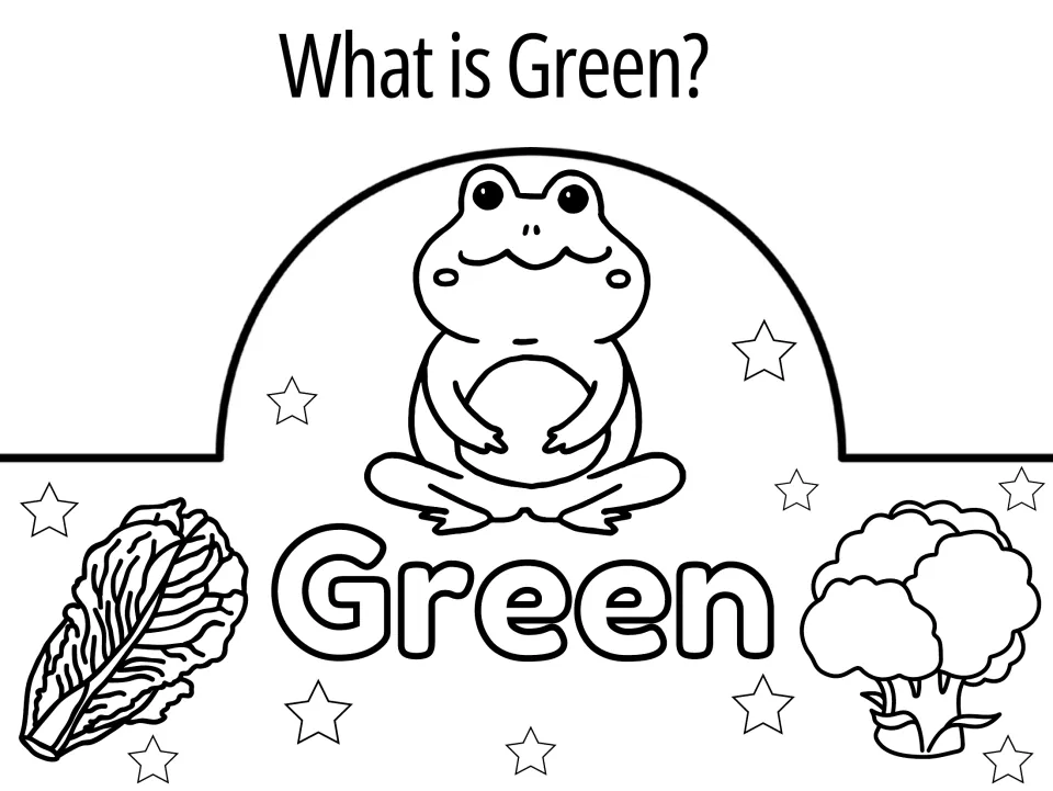 What is Green? crown to color: a frog, lettuce, broccoli and the bubble word Green for matching things to green