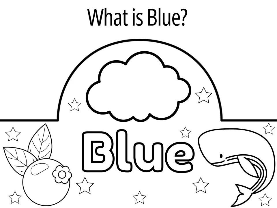 What is Blue? crown to color: a cloud, blueberry, whale and the bubble word Blue for naming blue things