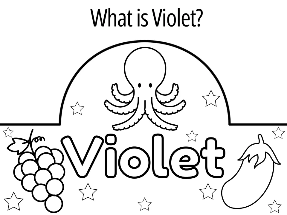 What is Violet? crown to color: an octopus, grapes, eggplant and the bubble word Violet for learning violet