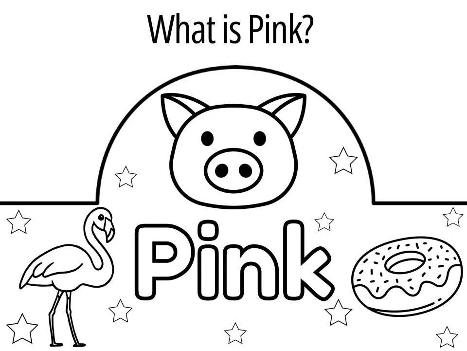 What is Pink? crown to color: a pig face, flamingo, donut and the bubble word Pink for connecting objects to pink