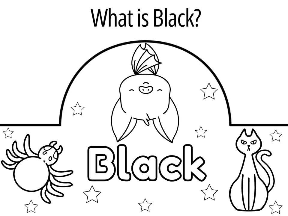 What is Black? crown to color: a bat, spider, cat and the bubble word Black for naming things that are black