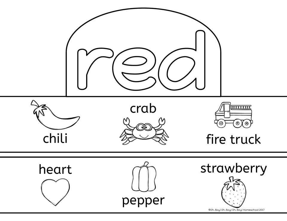 Red crown activity sheet with the color word and labeled chili, crab, fire truck, heart, pepper, and strawberry