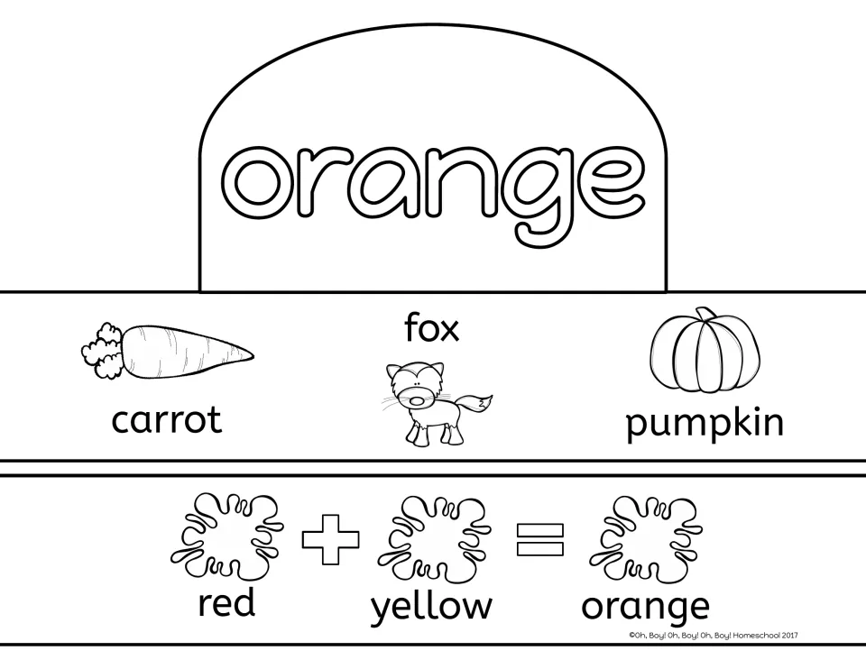 Orange crown activity sheet with carrot, fox, and pumpkin pictures and a band showing red plus yellow equals orange