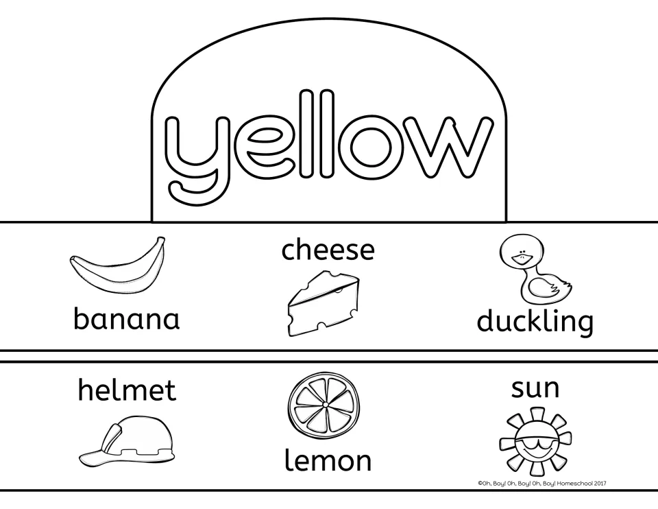 Yellow crown activity sheet with the color word and labeled banana, cheese, duckling, helmet, lemon, and sun