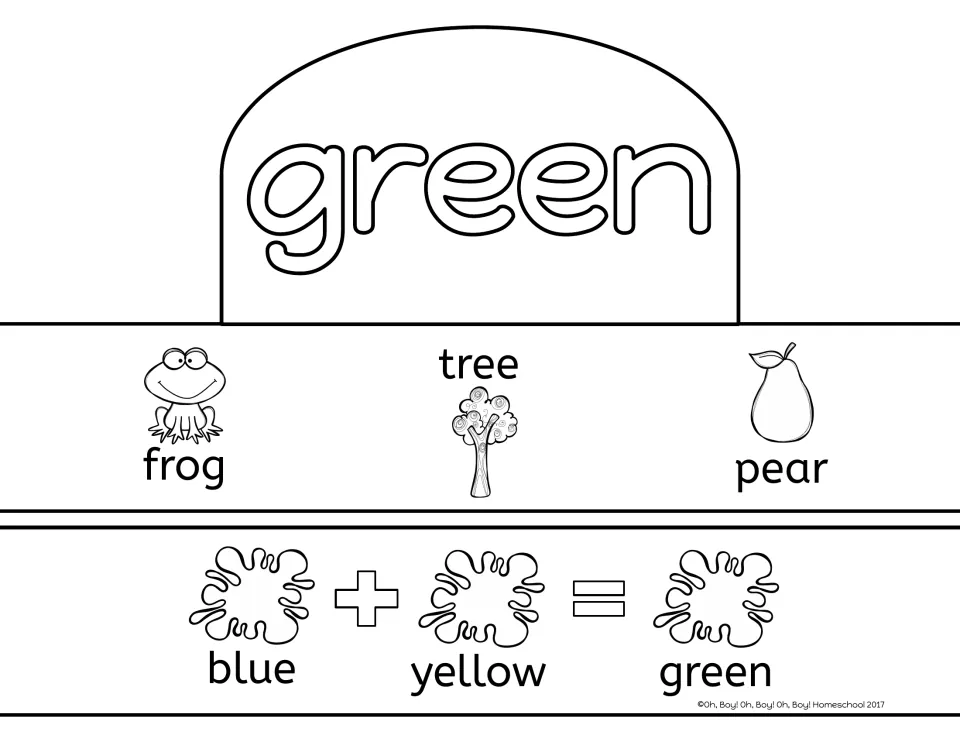 Green crown activity sheet with frog, tree, and pear pictures and a band showing blue plus yellow equals green