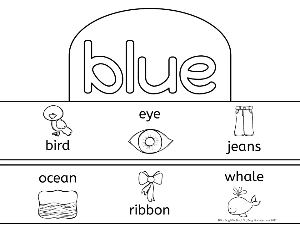 Blue crown activity sheet with the color word and labeled bird, eye, jeans, ocean, ribbon, and whale pictures