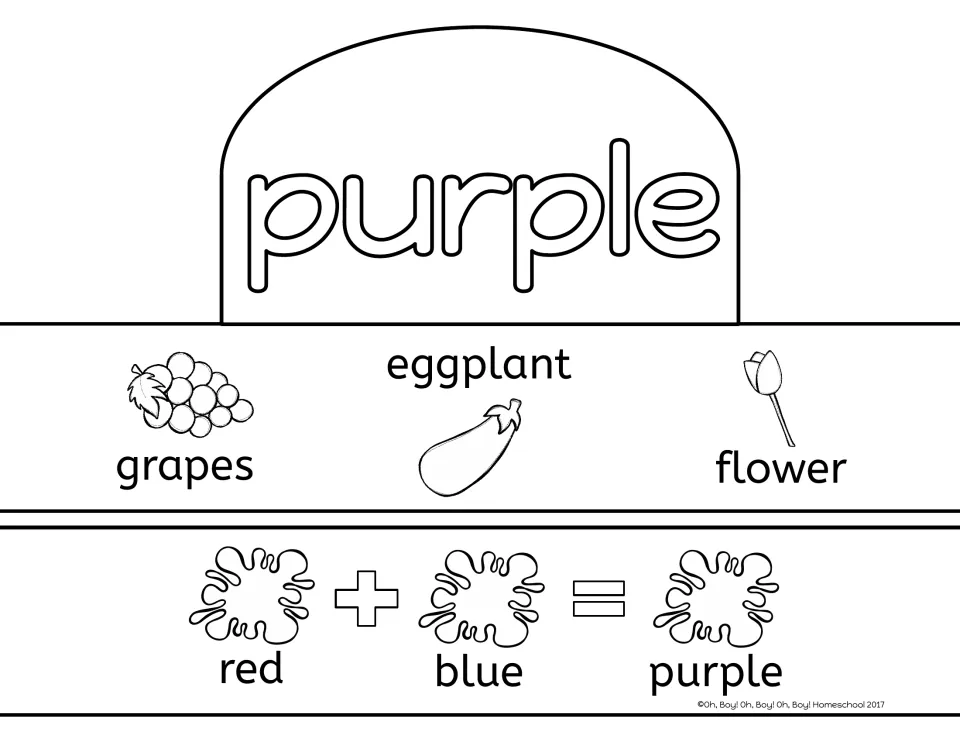 Purple crown activity sheet with grapes, eggplant, and flower pictures and a red plus blue equals purple band