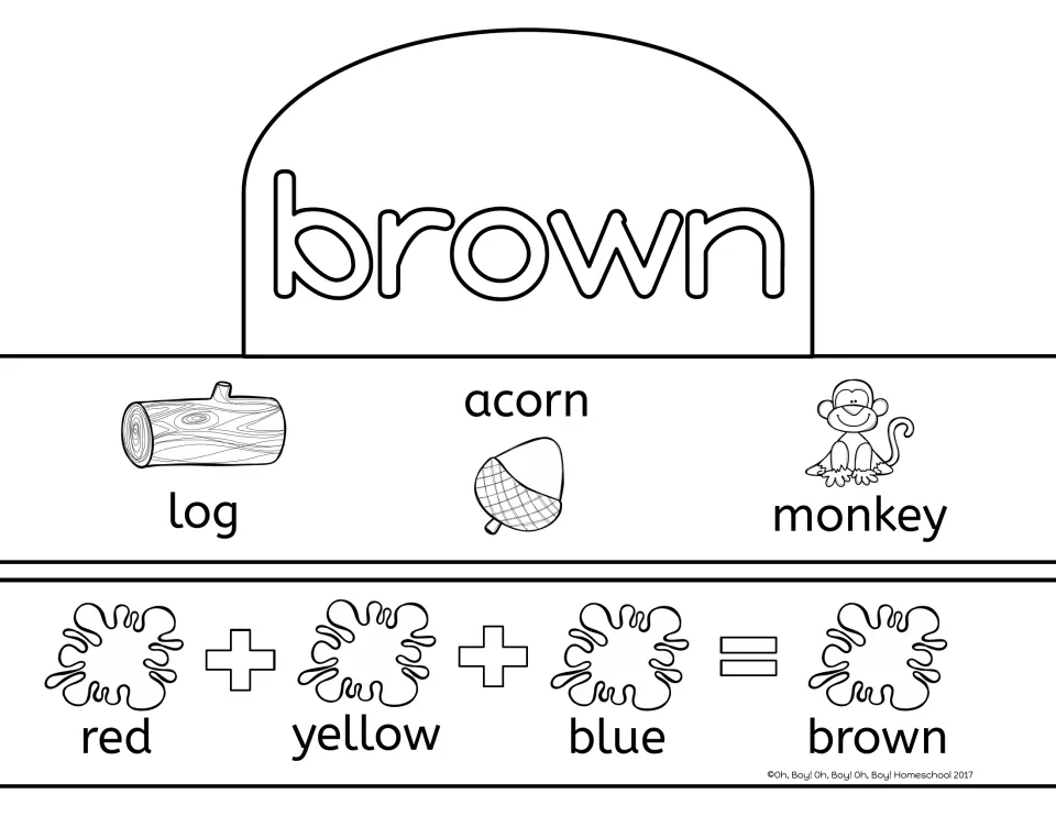 Brown crown activity sheet with log, acorn, and monkey pictures and a red plus yellow plus blue equals brown band
