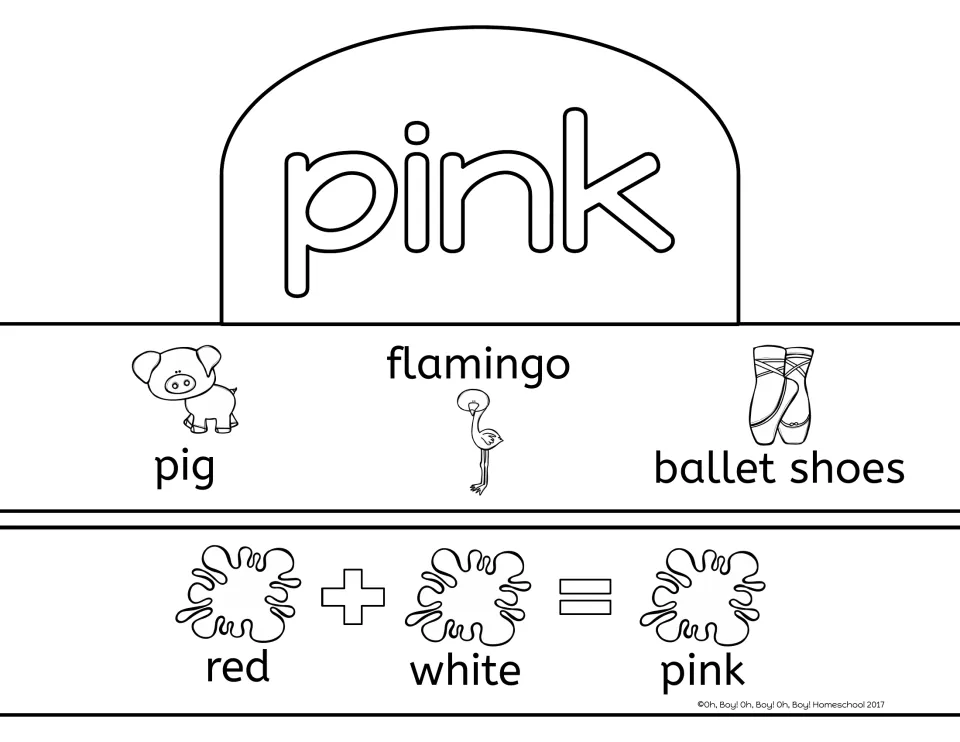 Pink crown activity sheet with pig, flamingo, and ballet shoes pictures and a red plus white equals pink band
