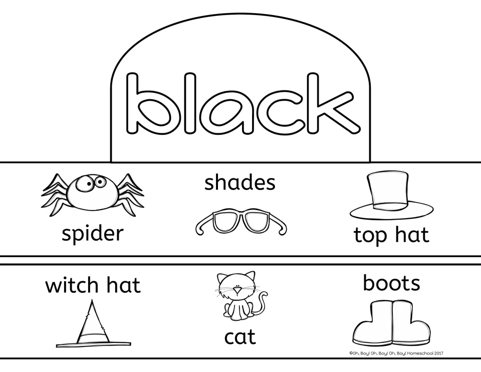 Black crown activity sheet with the color word and labeled spider, shades, top hat, witch hat, cat, and boots