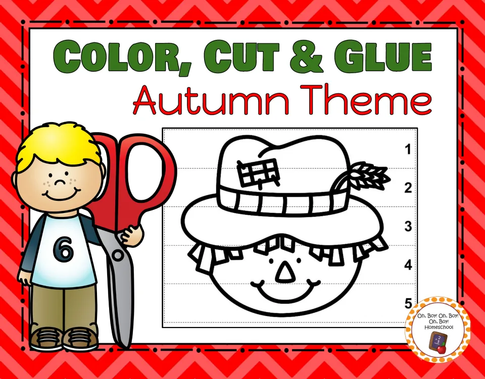 Cover of Color, Cut & Glue Activity: Autumn Theme, showing a scarecrow puzzle with pieces numbered 1–5