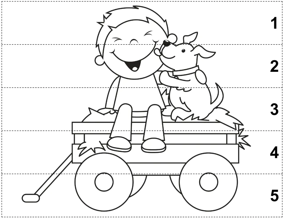Autumn color, cut, and glue puzzle of a boy and dog sitting in a wagon, with five pieces numbered 1–5