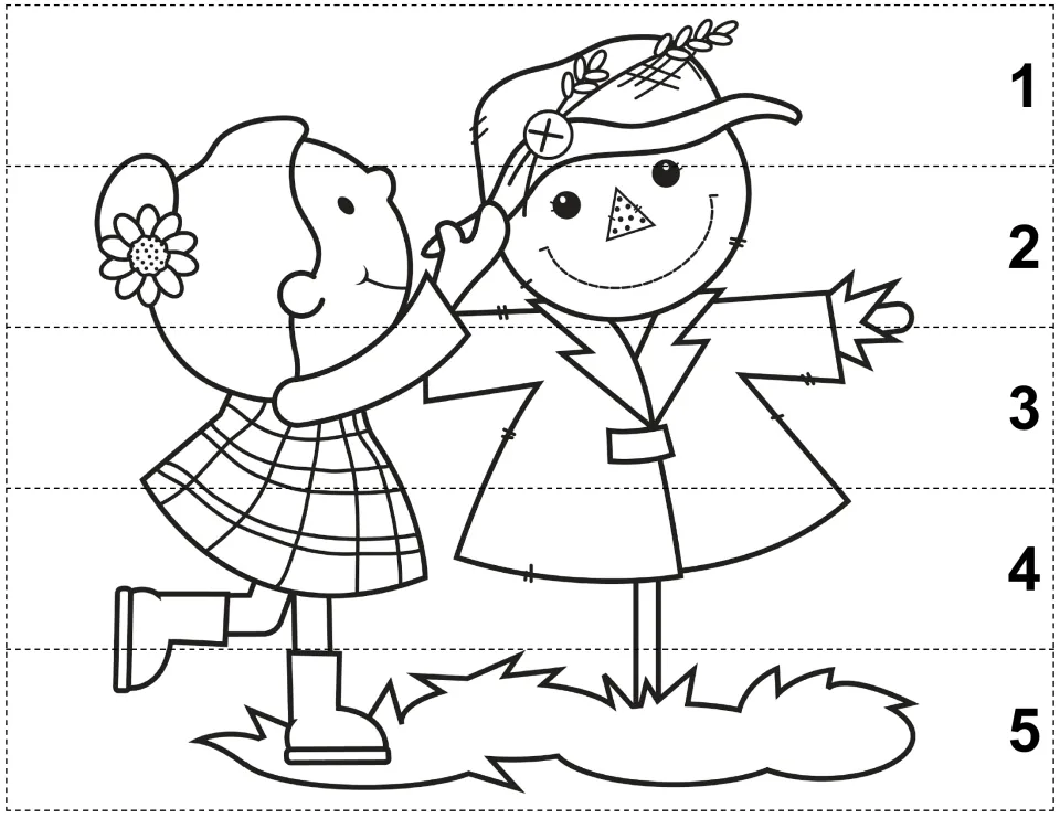 Autumn color, cut, and glue puzzle of a girl reaching toward a scarecrow, with five pieces numbered 1–5